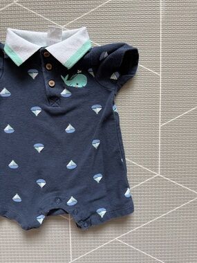 Little Beginnings|Baby boy nautical Navy Whale & Sailboat Polo Romper•••3-6M